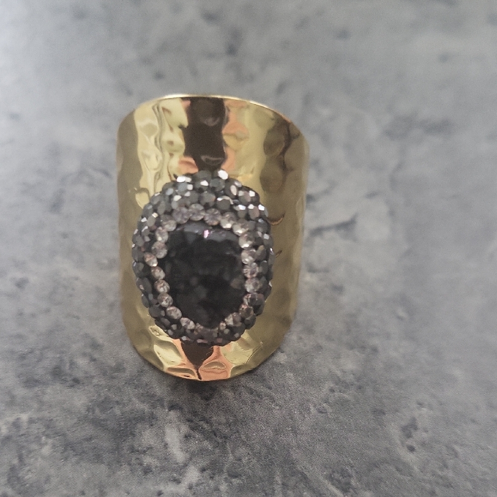 Gold and Black Hammered Statement Ring with Double Halo